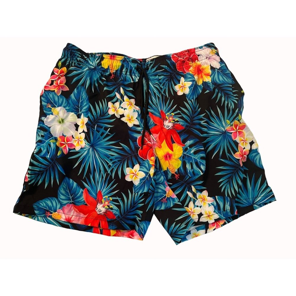 ✅3/$20 Sale-Swim Trunks w/Elastic Waist/Mesh Lining Hawaiian Floral -MENS L-New!